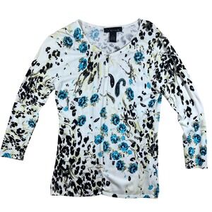 Venue BOHO Floral Cardigan Sweater White Blue Black Animal RETRO Embellished M